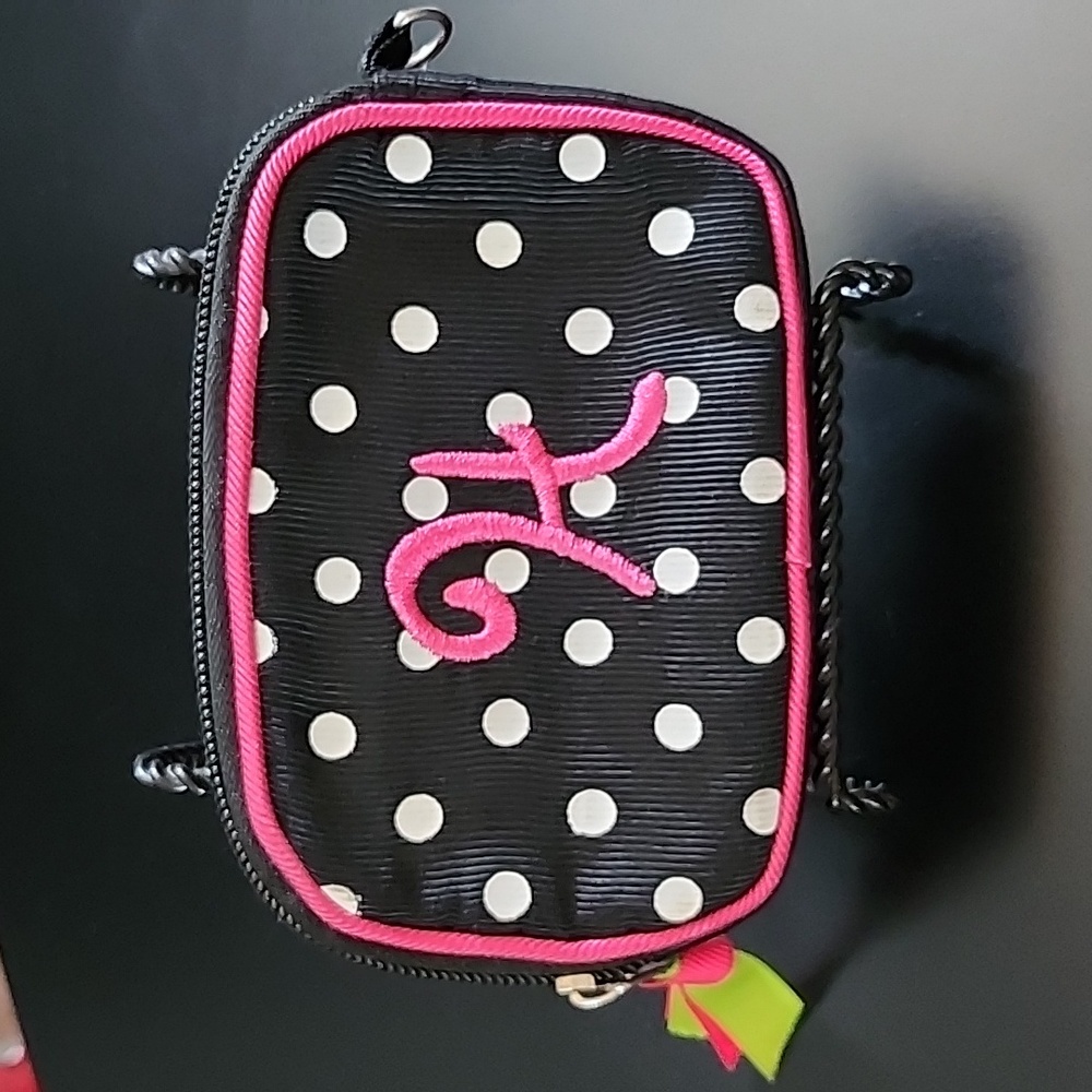 Cute Monogram "H" ID holder black with white polka dots and hot pink piping